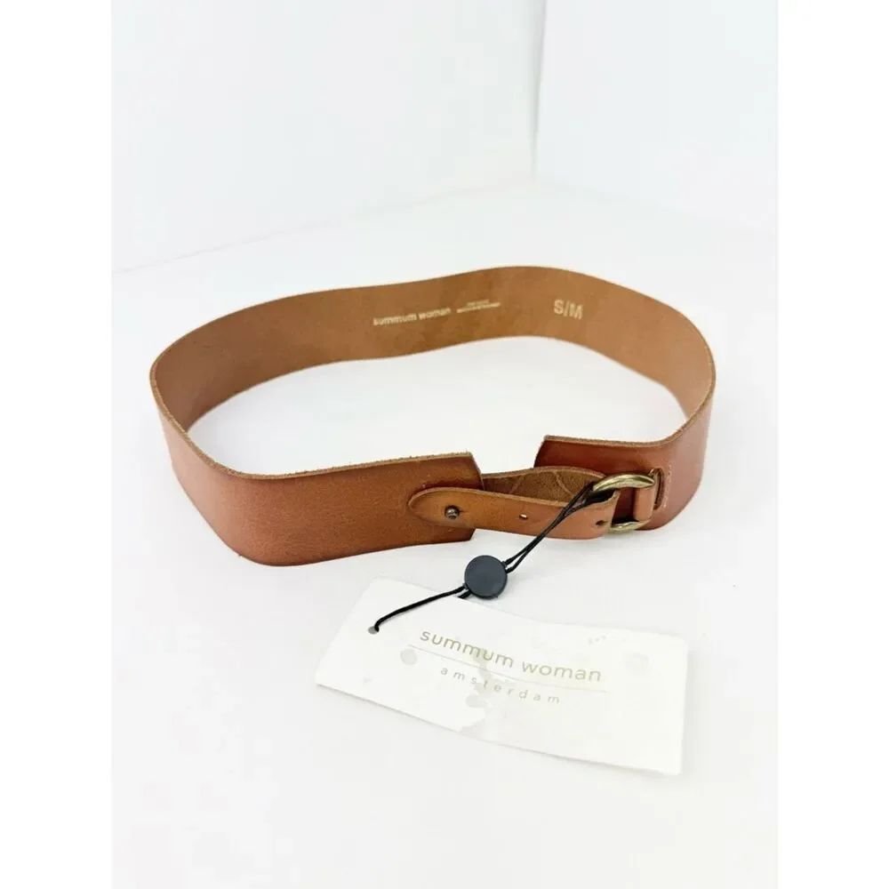 Summum Woman Brown Cow Leather Brass Metallic Loop Closure Belt NEW